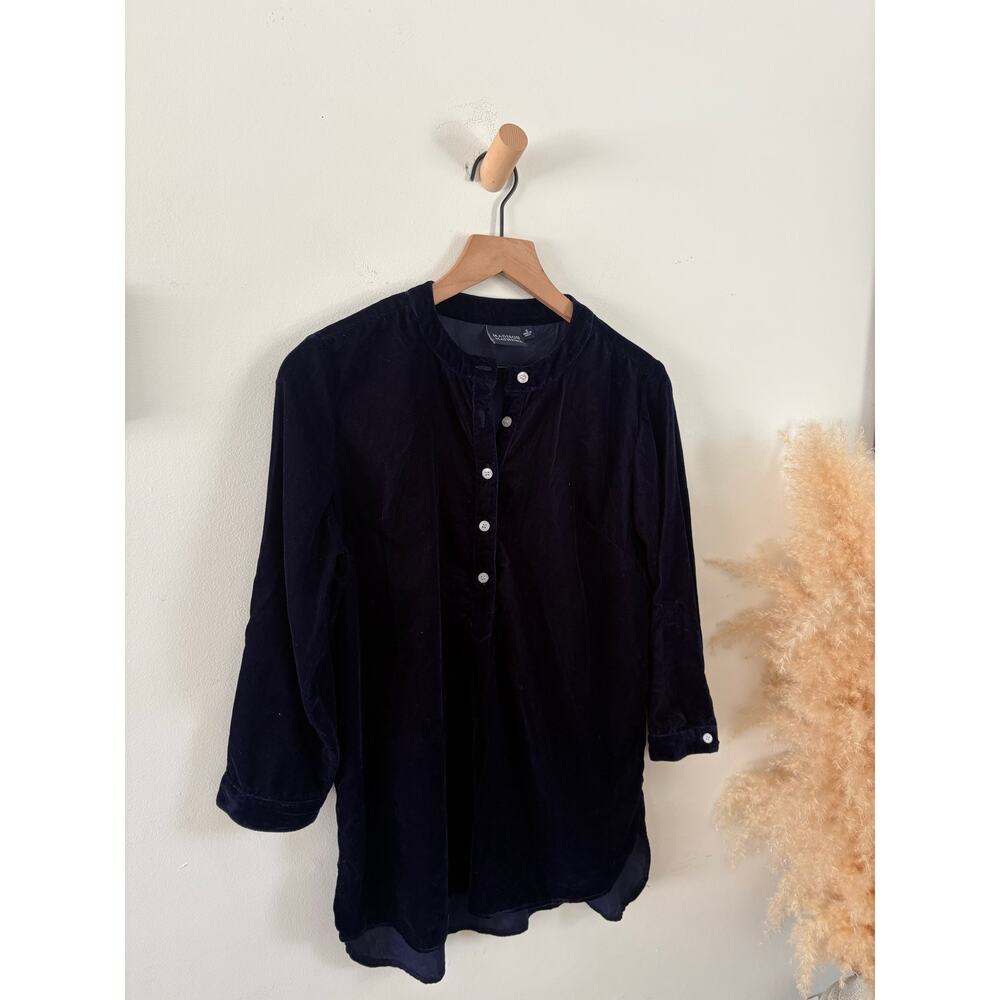 Madison Mathews Velvet Henley Tunic Top Small Navy Blue Velour Velveteen